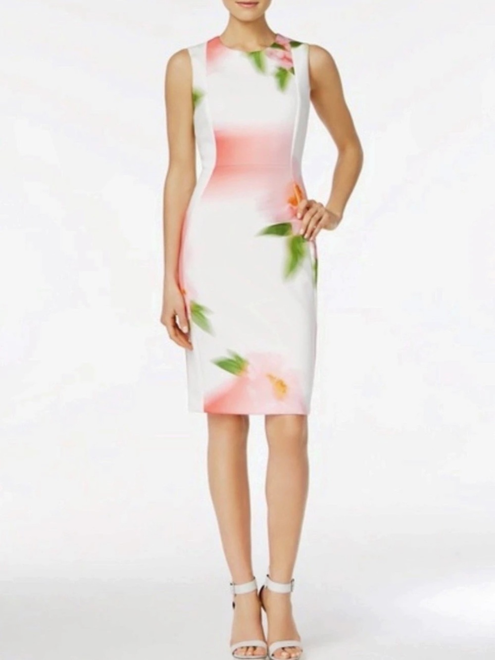 Calvin Klein Floral Sleeveless Scuba Sheath Dress Floral Mini Dress in White &